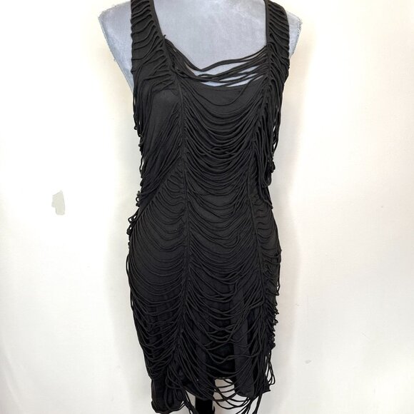 Allsaints Strappy Mummy Dress Black Size 12 Medium Cotton Fringe Tattered Gothic - Picture 3 of 15